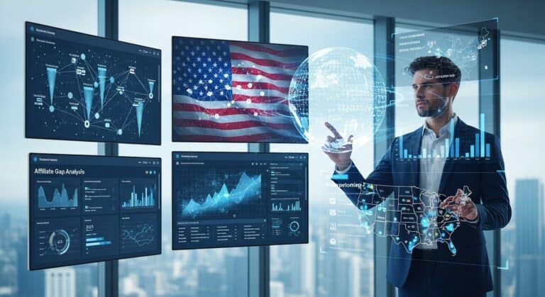 A modern digital workspace with a marketer analyzing futuristic holographic screens displaying affiliate marketing gap analysis data, charts, and strategic insights, with subtle US market indicators.